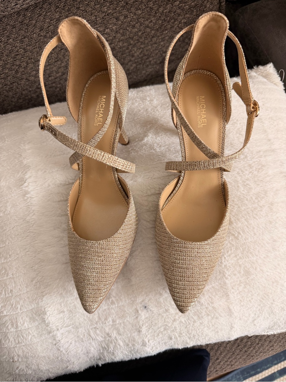 Michael Kors Metallic Gold Raffia Pointed-Toe Cross-Strap Heels